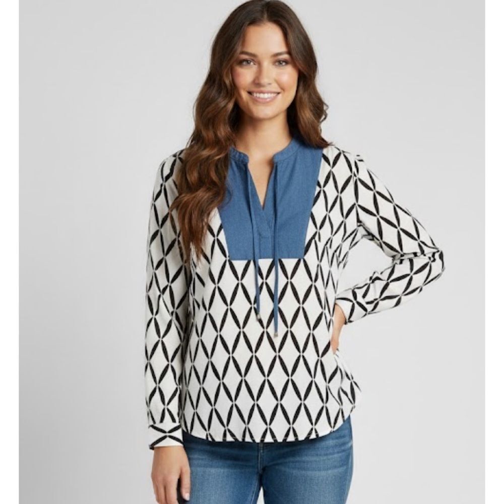 J.Crew Diamond Print Tunic Blouse‎ Women’s Small Black White Cotton